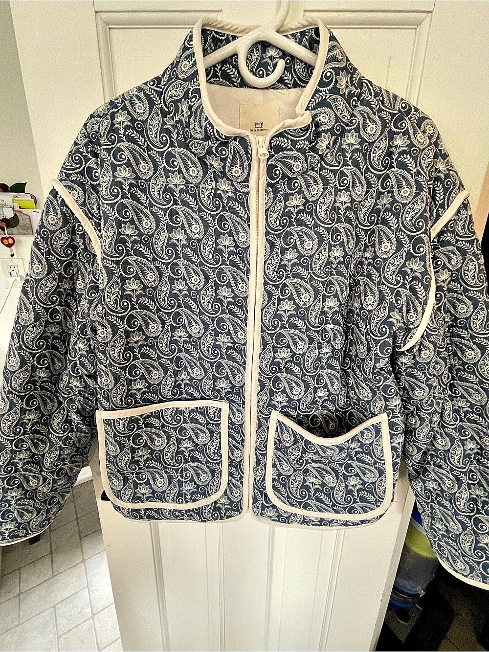 Thread & Supply Blue Paisley Quilted Jacket With White Trim Utility Jacket Blue